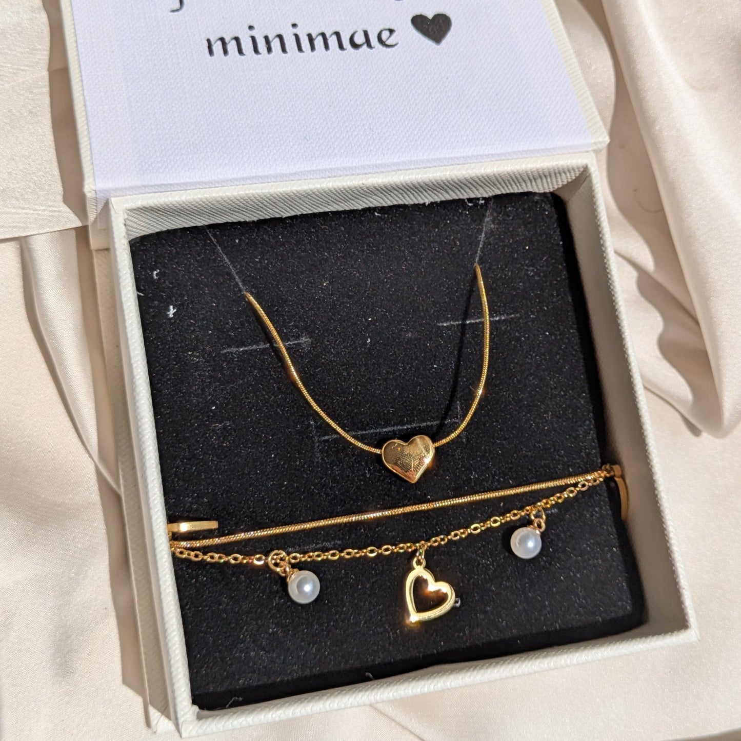 Golden Heart Necklace - Hearts & Pearls Bracelet 18k Gold Plated Set - minimae -