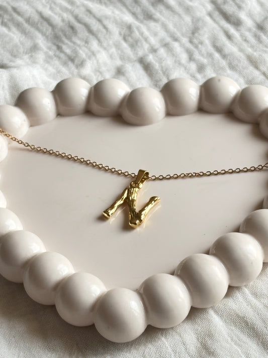 Gold necklace with a letter 'N' pendant on a white ceramic dish.