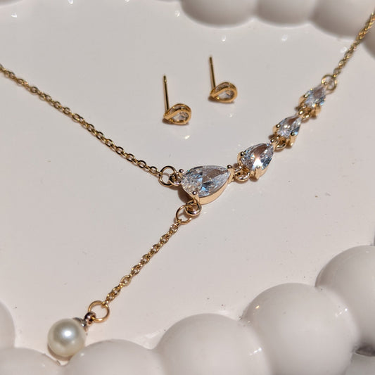 Pearl Drop Necklace & Golden Teardrop Earrings 18K Gold Plated - minimae - Set