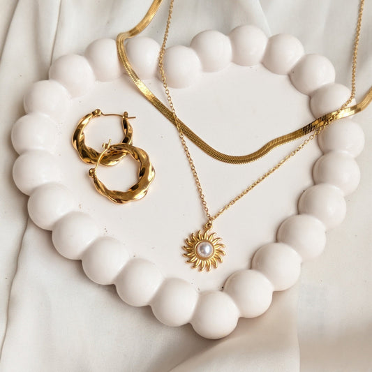 Sun Pearl Necklace & Twisted Hoop Earrings 18K Gold Plated - minimae - Set